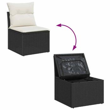 9-teiliges Garten-Sofa-Set mit Kissen, Schwarz, Poly-Rattan, Akazie, 2-Sitzer Garten-Sofa mit Stauraum & Kissen, Schwarz, Poly-Rattan