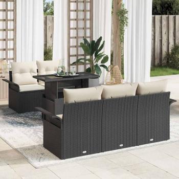 ARDEBO.de - 6-teiliges Garten Sofa Set mit Kissen Schwarz Poly Rattan, 2-Sitzer Garten Sofa mit Stauraum & Kissen Schwarz Poly Rattan