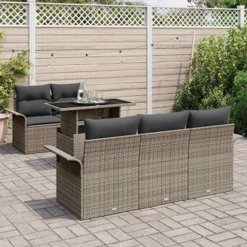 6-teiliges Garten-Sofa-Set mit Kissen Grau Poly Rattan, 2-Sitzer Garten-Sofa mit Stauraum & Kissen Grau Poly Rattan