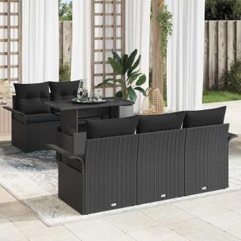 ARDEBO.de - 6-teiliges Garten Sofa Set mit Kissen Schwarz Poly Rattan, 2-Sitzer Garten Sofa mit Stauraum & Kissen Schwarz Poly Rattan