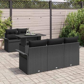 6-teiliges Garten Sofa Set mit Kissen Schwarz Poly Rattan, 2-Sitzer Garten Sofa mit Stauraum & Kissen Schwarz Poly Rattan