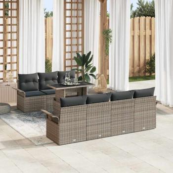 ARDEBO.de - 8-teiliges Garten-Sofa-Set mit Kissen Grau Poly-Rattan, 2-Sitzer Garten-Sofa mit Stauraum & Kissen Grau Poly-Rattan