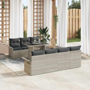 ARDEBO.de - 8-teiliges Garten Sofa Set mit Kissen Hellgrau Poly Rattan, 2-Sitzer Garten Sofa mit Stauraum & Kissen Hellgrau Poly Rattan
