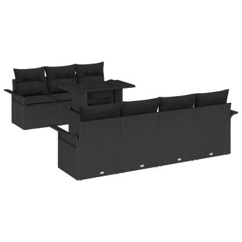 8-teiliges Garten-Sofa-Set mit Kissen Schwarz Poly-Rattan, 2-Sitzer Garten-Sofa mit Stauraum & Kissen Schwarz Poly-Rattan