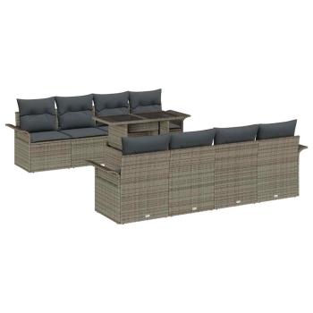 9-teiliges Garten Sofa Set mit Kissen Grau Poly Rattan, 2-Sitzer Garten Sofa mit Stauraum & Kissen Grau Poly Rattan