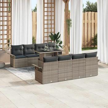 9-teiliges Garten Sofa Set mit Kissen Grau Poly Rattan, 2-Sitzer Garten Sofa mit Stauraum & Kissen Grau Poly Rattan