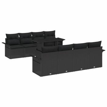 9-teiliges Garten-Sofaset mit Kissen Schwarz Poly-Rattan, 2-Sitzer Garten-Sofa mit Stauraum & Kissen Schwarz Poly-Rattan