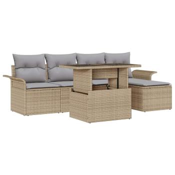 ARDEBO.de - 6-teiliges Garten-Sofa-Set mit Kissen Beige Poly Rattan, 2-Sitzer Garten-Sofa mit Stauraum & Kissen Beige Poly Rattan