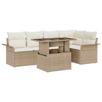 ARDEBO.de - 6-teiliges Garten Sofa Set mit Kissen Beige Poly Rattan, 2-Sitzer Garten Sofa mit Stauraum & Kissen Beige Poly Rattan