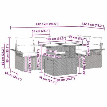 6-teiliges Garten Sofa Set mit Kissen Schwarz Poly-Rattan, 2-Sitzer Garten Sofa mit Stauraum & Kissen Schwarz Poly-Rattan
