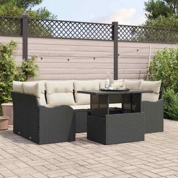 ARDEBO.de - 7-teiliges Garten Sofa Set mit Kissen Schwarz Poly Rattan, 2-Sitzer Garten Sofa mit Stauraum & Kissen Schwarz Poly Rattan