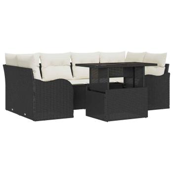 7-teiliges Garten Sofa Set mit Kissen Schwarz Poly Rattan, 2-Sitzer Garten Sofa mit Stauraum & Kissen Schwarz Poly Rattan