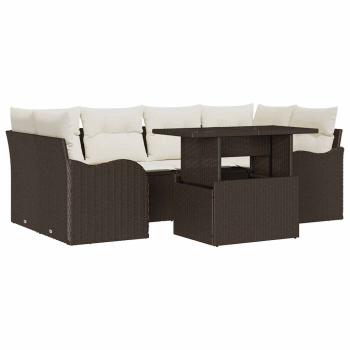 7-teiliges Garten-Sofa-Set mit Kissen Braun Poly Rattan, 2-Sitzer Garten Sofa mit Stauraum & Kissen Braun Poly Rattan