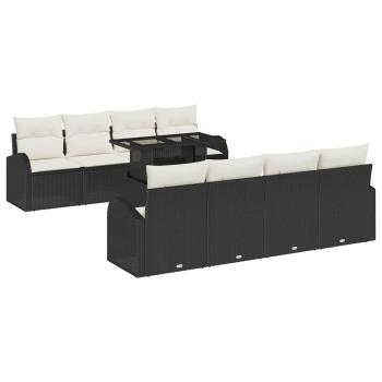 9-teiliges Garten-Sofa-Set mit Kissen Schwarz Poly-Rattan, 2-Sitzer Garten-Sofa mit Stauraum & Kissen Schwarz Poly-Rattan