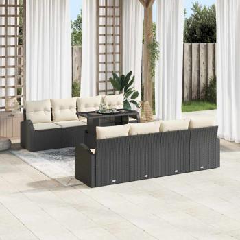 9-teiliges Garten-Sofa-Set mit Kissen Schwarz Poly-Rattan, 2-Sitzer Garten-Sofa mit Stauraum & Kissen Schwarz Poly-Rattan