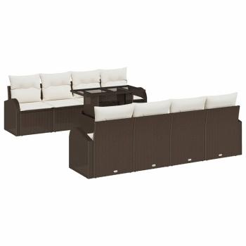 9-teiliges Garten Sofa Set mit Kissen Braun Poly Rattan, 2-Sitzer Garten Sofa mit Stauraum & Kissen Braun Poly Rattan