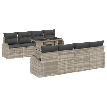 9-teiliges Garten Sofaset mit Kissen in Hellgrau aus Poly Rattan, 2-Sitzer Garten Sofa mit Stauraum & Kissen in Hellgrau aus Poly Rattan