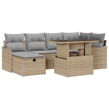 ARDEBO.de - 7-teiliges Garten Sofa Set mit Kissen Beige Poly Rattan, 2-Sitzer Garten Sofa mit Stauraum & Kissen Beige Poly Rattan