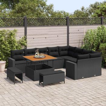 12-teiliges Garten Sofa Set mit Kissen Schwarz Poly Rattan Akazie, 3-teiliges Garten Esszimmer Set mit Kissen Schwarz Poly Rattan Akazie