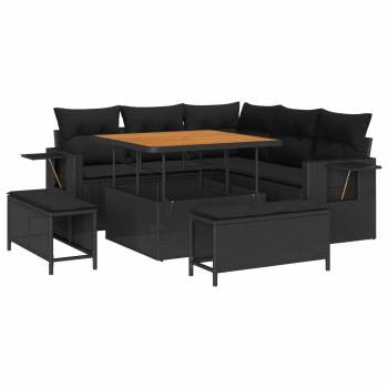 ARDEBO.de - 8-teiliges Garten Sofa Set mit Kissen Schwarz Poly Rattan Akazie, 3-teiliges Garten Esszimmer Set mit Kissen Schwarz Poly Rattan Akazie