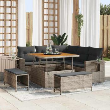 ARDEBO.de - 8-teiliges Garten Sofa Set mit Kissen Grau Poly Rattan Akazie, 3-teiliges Garten Esstisch Set mit Kissen Grau Poly Rattan Akazie