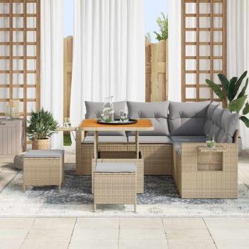 8-teiliges Garten Sofa Set mit Kissen Beige Poly Rattan Akazie, 3-teiliges Garten Esszimmer Set mit Kissen Beige Poly Rattan Akazie
