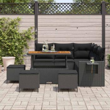 9-teiliges Garten Sofa Set mit Kissen - Schwarzes Poly-Rattan Akazie, 4-teiliges Garten Essen Set mit Kissen - Schwarzes Poly-Rattan Akazie
