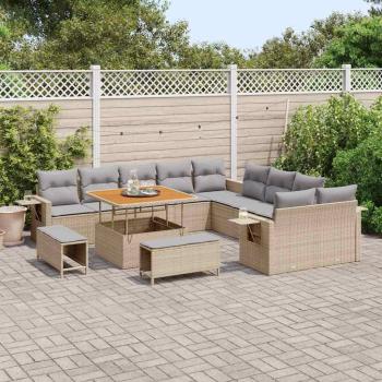 13-teilige Garten Sofa Set mit Kissen Beige Poly Rattan Akazie, 3-teilige Garten Essgruppe mit Kissen Beige Poly Rattan Akazie