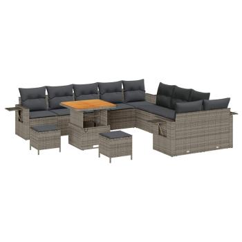 13-teiliges Garten Sofaset mit Kissen Grau Poly Rattan Akazie, 3-teiliges Garten Essset mit Kissen Grau Poly Rattan Akazie