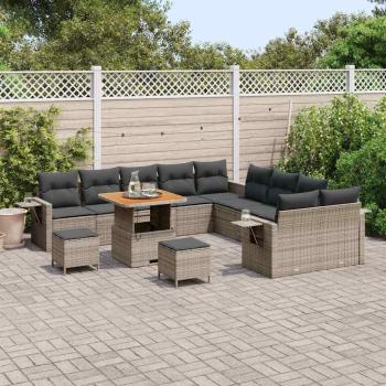 13-teiliges Garten Sofaset mit Kissen Grau Poly Rattan Akazie, 3-teiliges Garten Essset mit Kissen Grau Poly Rattan Akazie