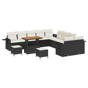 13-teiliges Garten Sofa Set mit Kissen in Schwarz aus Poly Rattan, 3-teiliges Garten Essgruppe mit Kissen in Schwarz aus Poly Rattan
