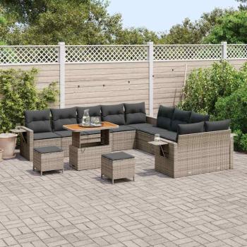 13-teilige Garten Sofagarnitur mit Kissen Grau Poly Rattan Akazie, 3-teilige Garten Essgruppe mit Kissen Grau Poly Rattan Akazie