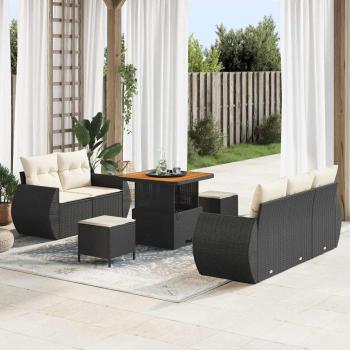 ARDEBO.de - 8 Teiliges Garten Sofa Set mit Kissen Schwarz Poly Rattan Akazie, 3 Teiliges Garten Essset mit Kissen Schwarz Poly Rattan Akazie