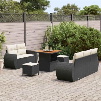 8 Teiliges Garten Sofa Set mit Kissen Schwarz Poly Rattan Akazie, 3 Teiliges Garten Essset mit Kissen Schwarz Poly Rattan Akazie