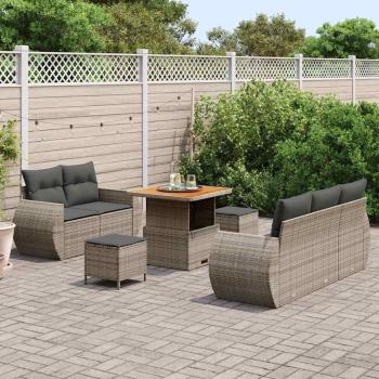 8-teiliges Garten Sofa Set mit Kissen aus grauem Poly Rattan und Akazie, 3-teiliges Garten Essset mit Kissen aus grauem Poly Rattan und Akazie