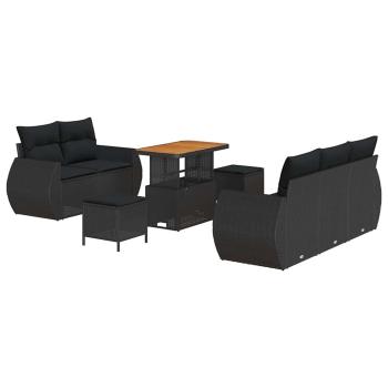 8-teiliges Garten-Sofa-Set mit Kissen Schwarz Poly-Rattan Akazie, 3-teiliges Garten-Ess-Set mit Kissen Schwarz Poly-Rattan Akazie