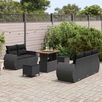 8-teiliges Garten-Sofa-Set mit Kissen Schwarz Poly-Rattan Akazie, 3-teiliges Garten-Ess-Set mit Kissen Schwarz Poly-Rattan Akazie