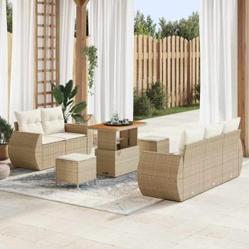 ARDEBO.de - 8-teiliges Garten-Sofa-Set mit Kissen Beige Poly-Rattan Akazie, 3-teiliges Garten-Ess-Set mit Kissen Beige Poly-Rattan Akazie