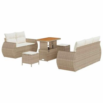 8-teiliges Garten-Sofa-Set mit Kissen Beige Poly-Rattan Akazie, 3-teiliges Garten-Ess-Set mit Kissen Beige Poly-Rattan Akazie