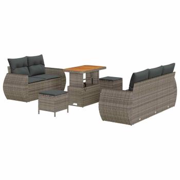 8-teiliges Garten Sofa Set mit Kissen Grau Poly Rattan Akazie, 3-teiliges Garten Esszimmer Set mit Kissen Grau Poly Rattan Akazie