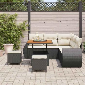 8-teiliges Garten Sofa Set mit Kissen Schwarz Poly Rattan Akazie, 3-teiliges Garten Essset mit Kissen Schwarz Poly Rattan Akazie