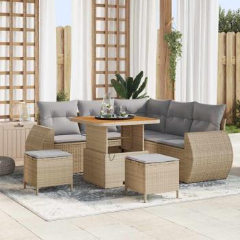 ARDEBO.de - 8-teiliges Garten Sofa Set mit Kissen Beige Poly Rattan Akazie, 3-teiliges Garten Ess Set mit Kissen Beige Poly Rattan Akazie
