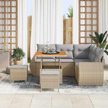 8-teiliges Garten Sofa Set mit Kissen Beige Poly Rattan Akazie, 3-teiliges Garten Ess Set mit Kissen Beige Poly Rattan Akazie