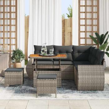8-teiliges Garten-Sofa Set mit Kissen Grau Poly-Rattan Akazie, 3-teiliges Garten-Esszimmer Set mit Kissen Grau Poly-Rattan Akazie