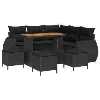 ARDEBO.de - 9-teiliges Garten-Sofa-Set mit Kissen Schwarz Poly-Rattan Akazie, 4-teiliges Garten-Ess-Set mit Kissen Schwarz Poly-Rattan Akazie