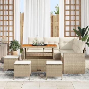 9-teiliges Garten Sofa Set mit Kissen Beige Poly Rattan Akazie, 4-teiliges Garten Esszimmer Set mit Kissen Beige Poly Rattan Akazie