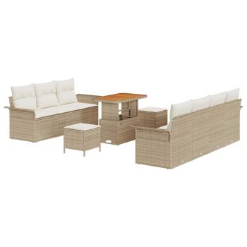 10-teiliges Garten-Sofa-Set mit Kissen Beige Poly Rattan Akazie, 2-Sitzer Garten-Sofa mit Kissen Beige Poly Rattan, 3-teiliges Garten-Ess-Set mit Kissen Beige Poly Rattan Akazie