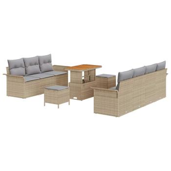 10-teiliges Garten Sofaset mit Kissen Beige Poly Rattan Akazie, 2-Sitzer Garten Sofa mit Kissen Beige Poly Rattan, 3-teiliges Garten Esstischset mit Kissen Beige Poly Rattan Akazie