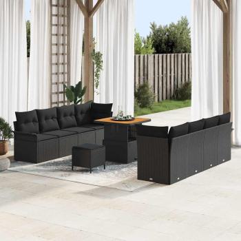 ARDEBO.de - 11-teiliges Garten Sofa Set mit Kissen Schwarz Poly Rattan Akazie, 2-Sitzer Garten Sofa mit Kissen Schwarz Poly Rattan, 3-teiliges Garten Esstisch Set mit Kissen Schwarz Poly Rattan Akazie