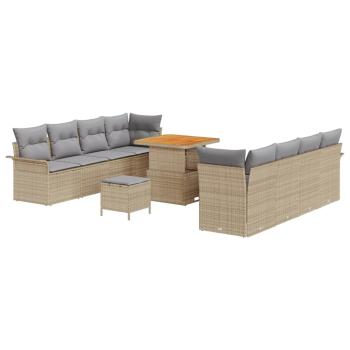 11-teiliges Garten Sofa Set mit Kissen Beige Poly Rattan Akazie, 2-Sitzer Garten Sofa mit Kissen Beige Poly Rattan, 3-teiliges Garten Esstisch Set mit Kissen Beige Poly Rattan Akazie